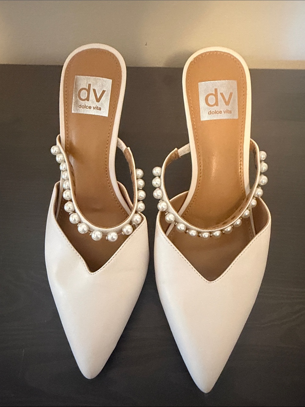Dolce Vita ELLEY Cream Pointed-Toe Mules with Pearl-Strap Detail